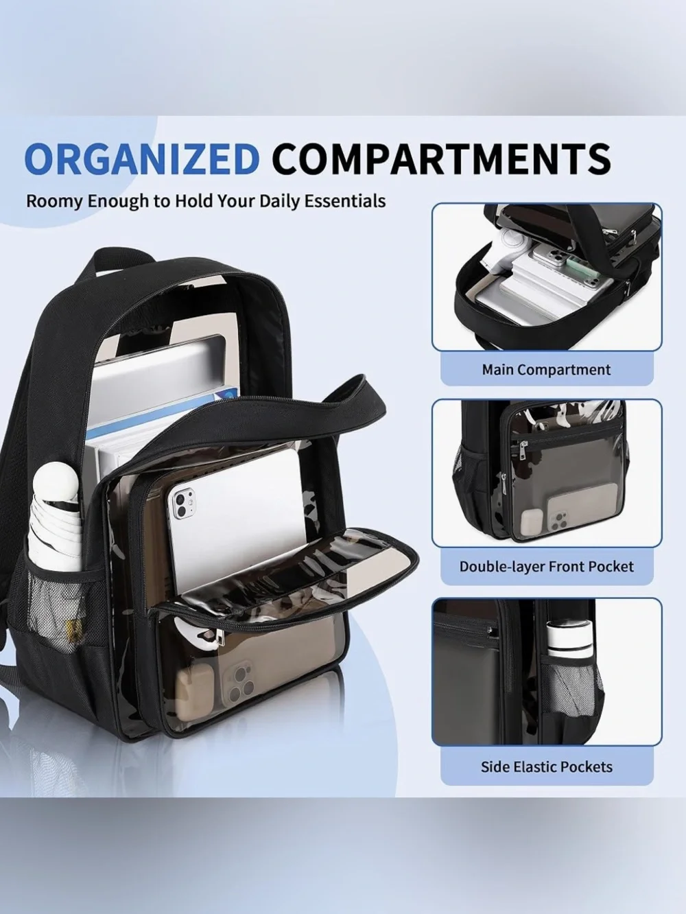 Clear Front Black Backpack with Front Pocket